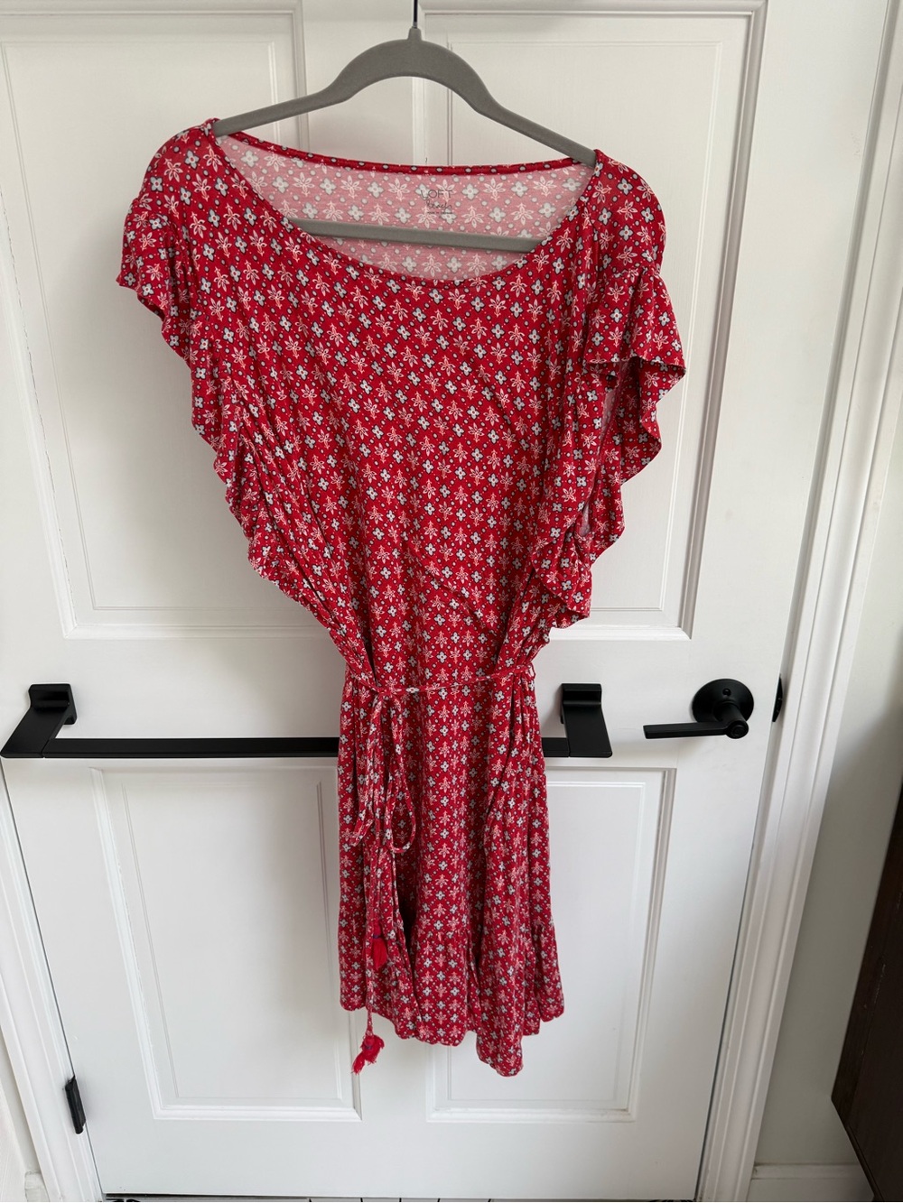 LOFT Red Floral Tie-Waist Midi Dress